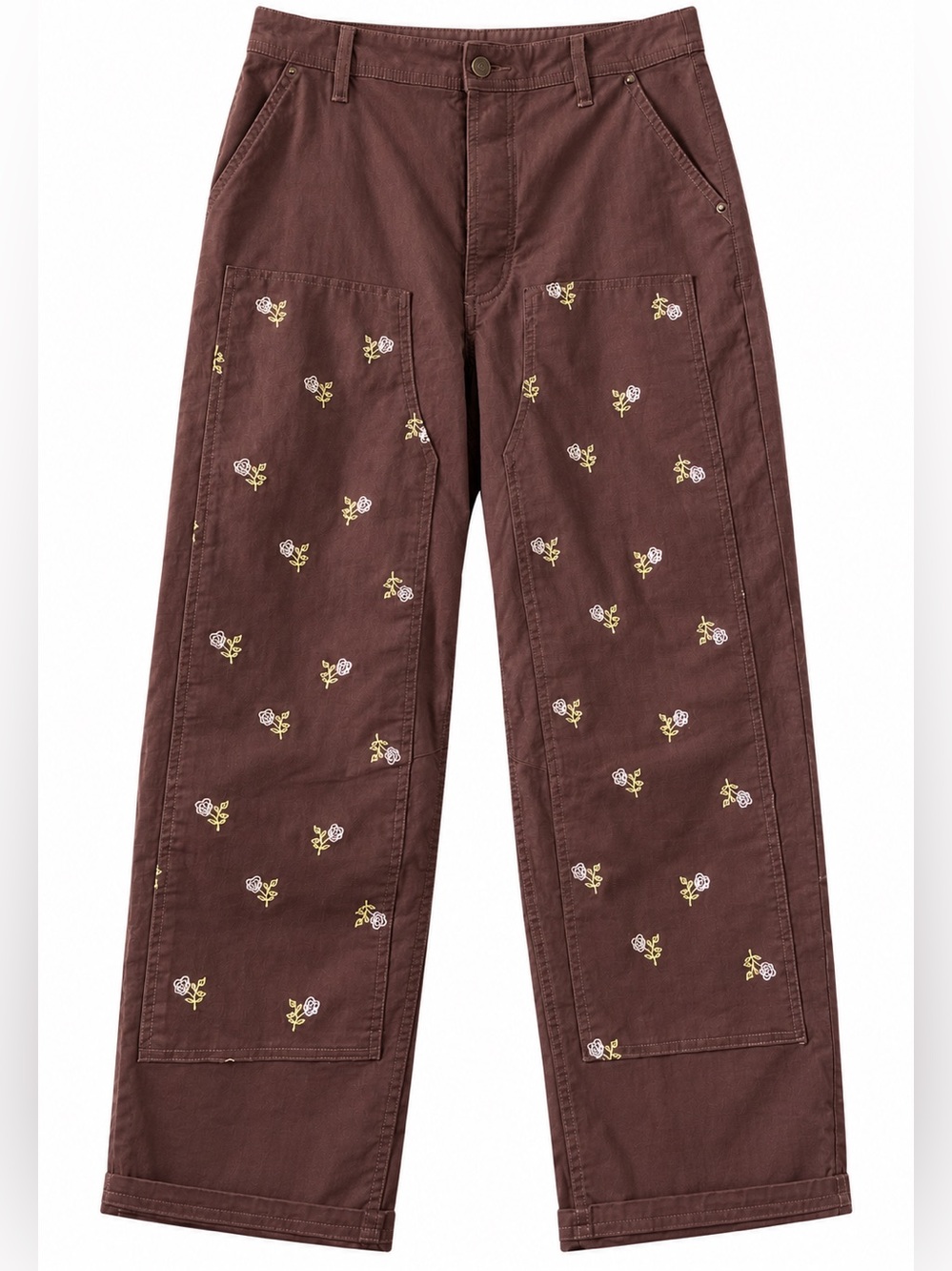 Toad&Co Juniper Utility Pants Brown Floral Embroidered Double Knee 8